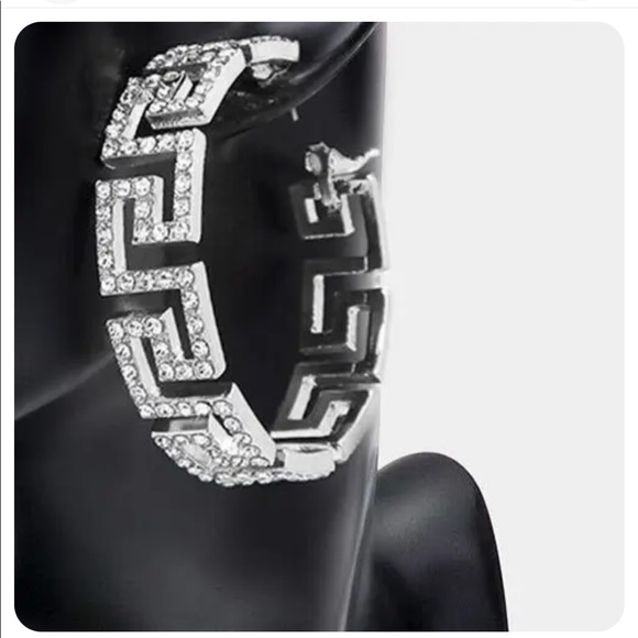 🆕 Silver Rhinestone Greek Key Large Med Hoop Earrings 1.5” with Box womens - Picture 7 of 8